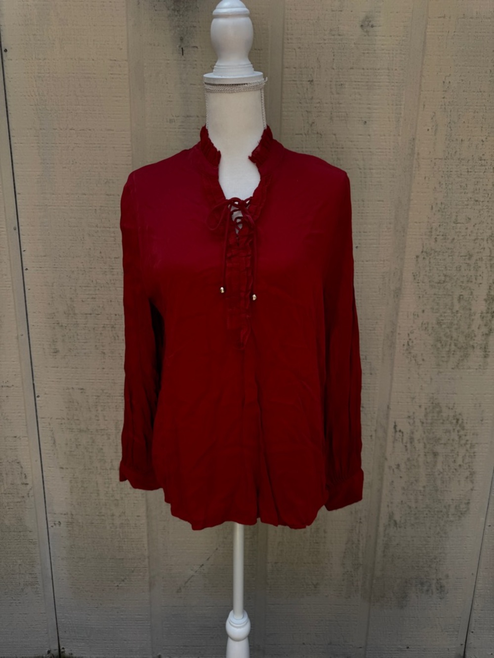 Chico's Crimson Lace-Up Ruffled V-Neck Blouse
